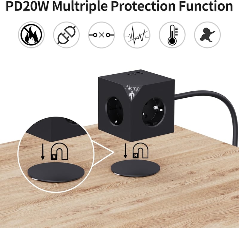 ALEMIN Mágneses Elosztó Kocka 3 USB Porttal, 6-in-1 Kapcsolós Hálózati Adapter 3680W, Fekete Fali Aljzat Iroda Otthon
