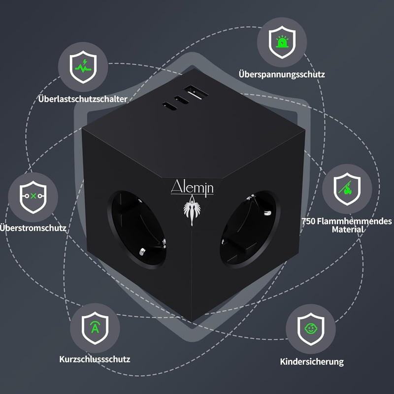 ALEMIN Mágneses Elosztó Kocka 3 USB Porttal, 6-in-1 Kapcsolós Hálózati Adapter 3680W, Fekete Fali Aljzat Iroda Otthon