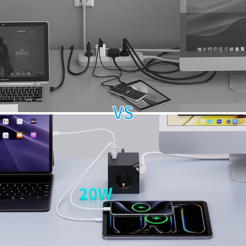 ALEMIN Mágneses Elosztó Kocka 3 USB Porttal, 6-in-1 Kapcsolós Hálózati Adapter 3680W, Fekete Fali Aljzat Iroda Otthon