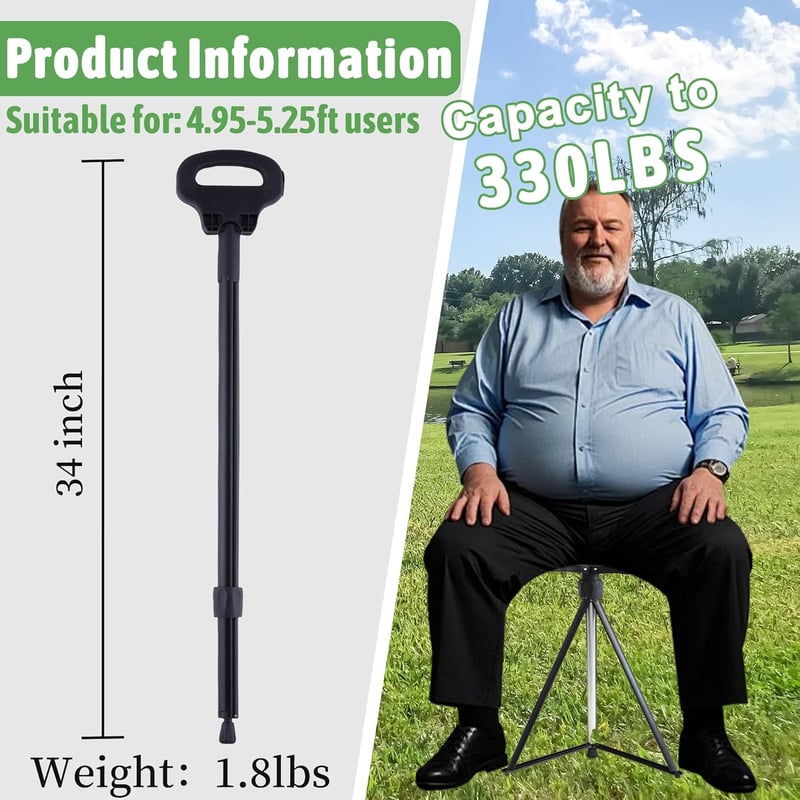 ALEVMOOM Összecsukható Sétapálca Ülőkével, Hordtáskával, Felnőtteknek és Időseknek, 200 kg Terhelhetőség - Black
