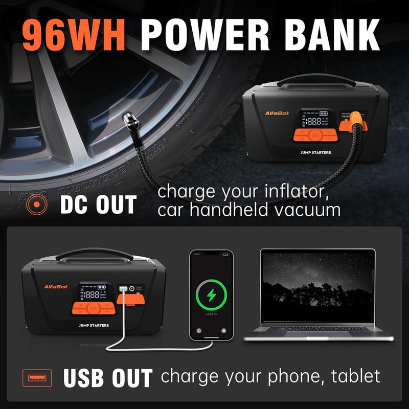 AlfaBot Q4 Autós Indításrásegítő Powerbank 4000A - 12V Benzin/Dízel Motorokhoz, Beépített Kompresszorral, LED Lámpával, 26800mAh