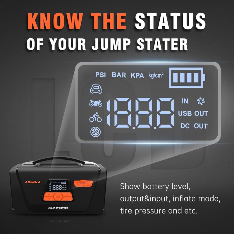 AlfaBot Q4 Autós Indításrásegítő Powerbank 4000A - 12V Benzin/Dízel Motorokhoz, Beépített Kompresszorral, LED Lámpával, 26800mAh