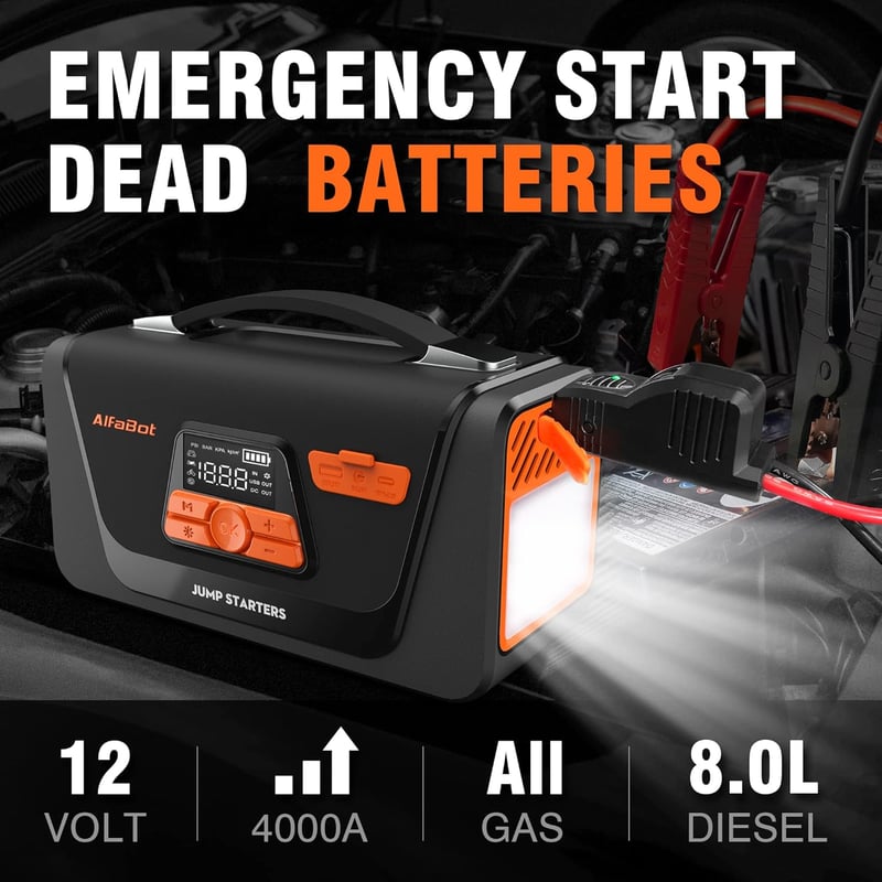 AlfaBot Q4 Autós Indításrásegítő Powerbank 4000A - 12V Benzin/Dízel Motorokhoz, Beépített Kompresszorral, LED Lámpával, 26800mAh