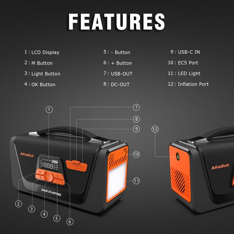 AlfaBot Q4 Autós Indításrásegítő Powerbank 4000A - 12V Benzin/Dízel Motorokhoz, Beépített Kompresszorral, LED Lámpával, 26800mAh