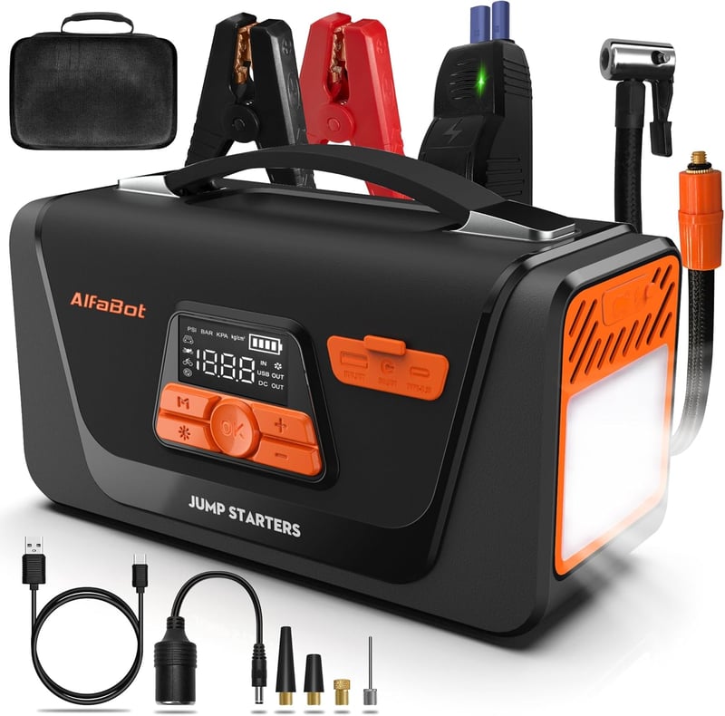 AlfaBot Q4 Autós Indításrásegítő Powerbank 4000A - 12V Benzin/Dízel Motorokhoz, Beépített Kompresszorral, LED Lámpával, 26800mAh