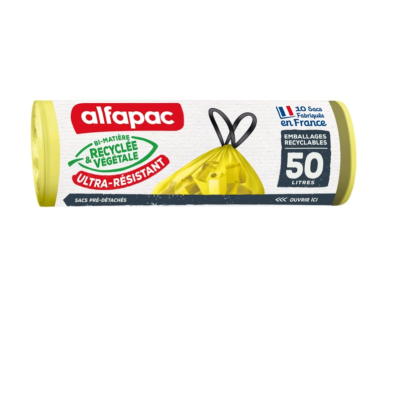 Sac menajer cu șnur Alfapac 50 L, verde - Rezistent, ambalaj reciclabil pentru sortare - 76% reciclat - 10 bucăți