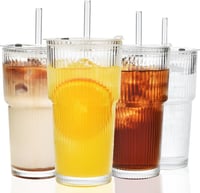ALINK 4 darabos 600 ml bordázott üvegpohár szett fedővel és szívószállal, vastag falú smoothie poharak légmentesen záró 1