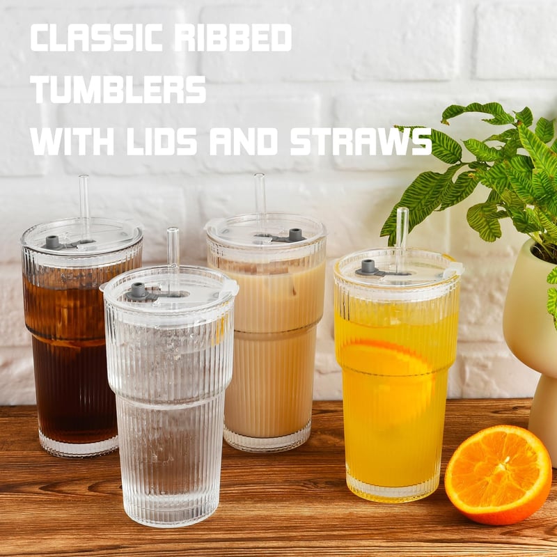 ALINK 4 darabos 600 ml bordázott üvegpohár szett fedővel és szívószállal, vastag falú smoothie poharak légmentesen záró