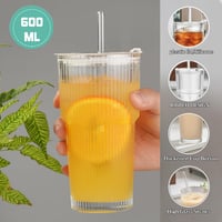 ALINK 4 darabos 600 ml bordázott üvegpohár szett fedővel és szívószállal, vastag falú smoothie poharak légmentesen záró 4