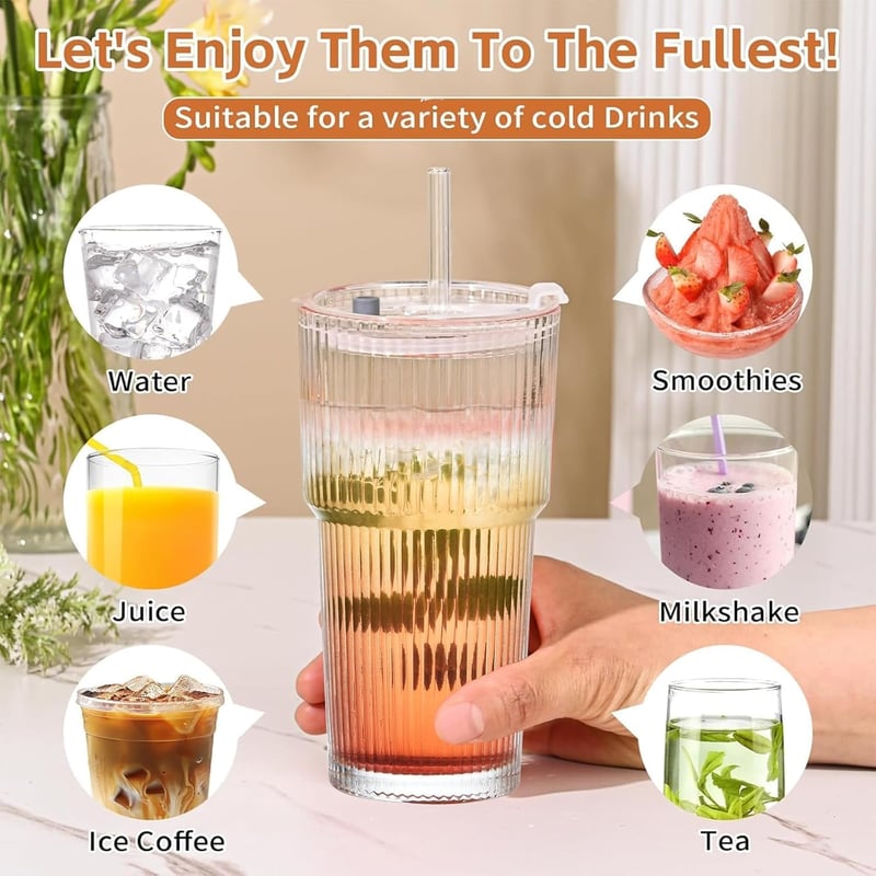 ALINK 4 darabos 600 ml bordázott üvegpohár szett fedővel és szívószállal, vastag falú smoothie poharak légmentesen záró