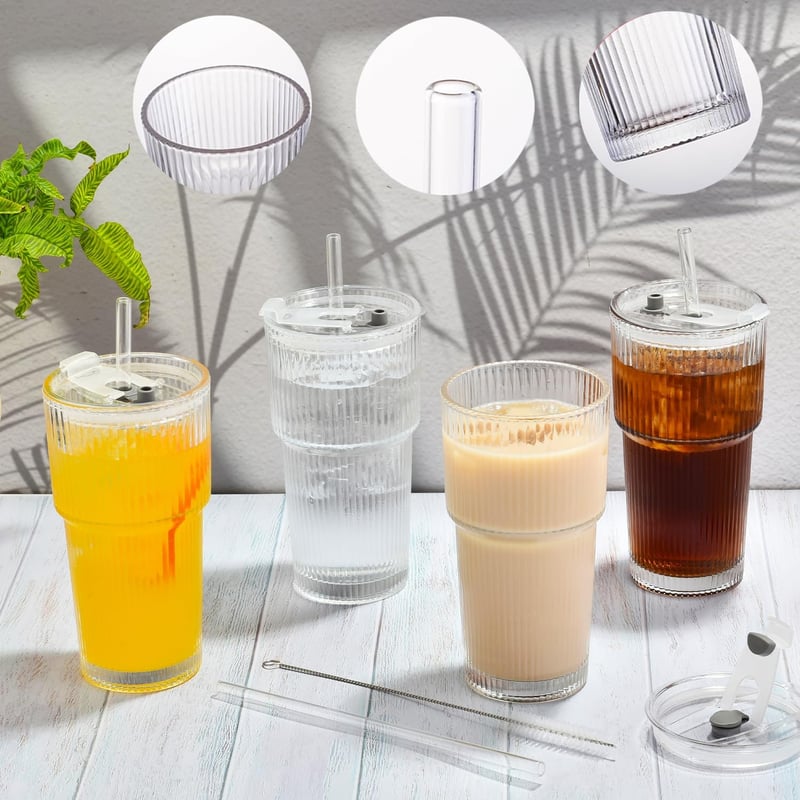 ALINK 4 darabos 600 ml bordázott üvegpohár szett fedővel és szívószállal, vastag falú smoothie poharak légmentesen záró