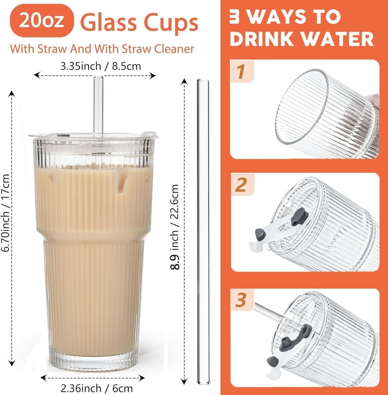 ALINK 4 darabos 600 ml bordázott üvegpohár szett fedővel és szívószállal, vastag falú smoothie poharak légmentesen záró