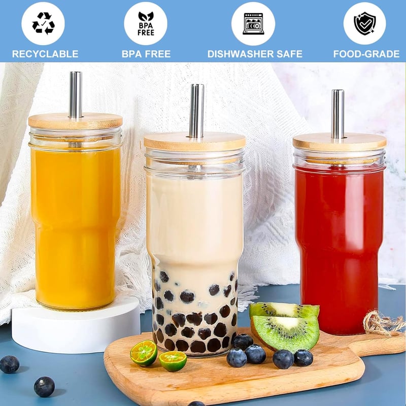 ALINK Bubble Tea Üvegpohár Szett 650ml - Újrahasználható Smoothie és Boba Pohár Fedéllel, Mosogatógépben Mosható, Utazáshoz