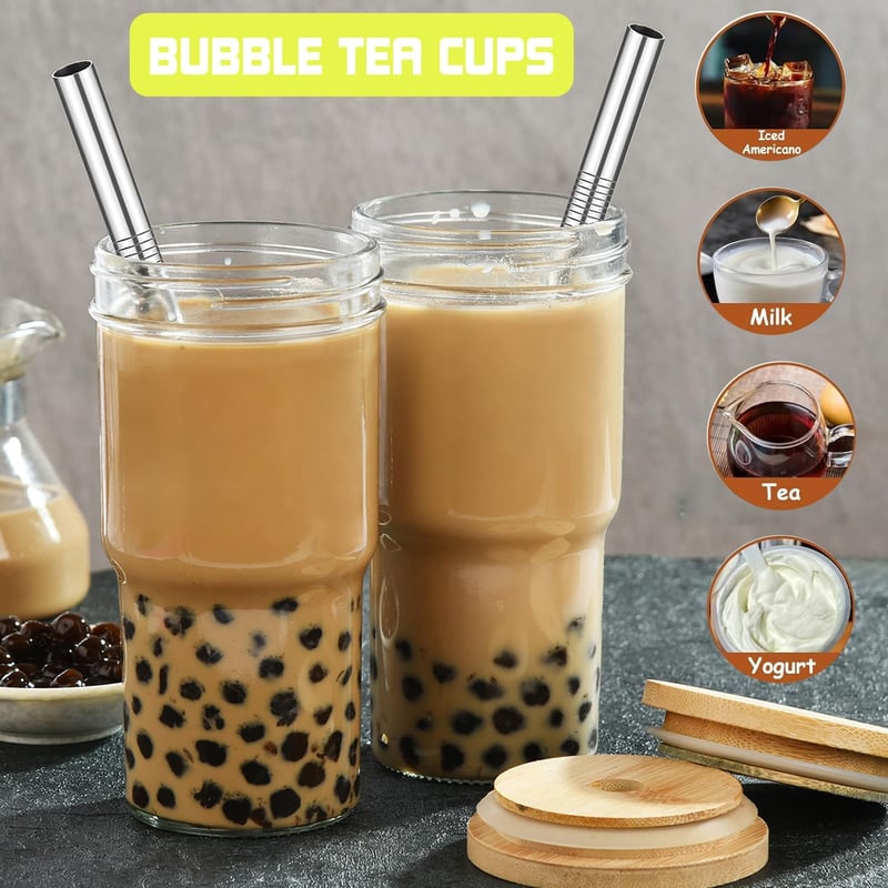 ALINK Bubble Tea Üvegpohár Szett 650ml - Újrahasználható Smoothie és Boba Pohár Fedéllel, Mosogatógépben Mosható, Utazáshoz