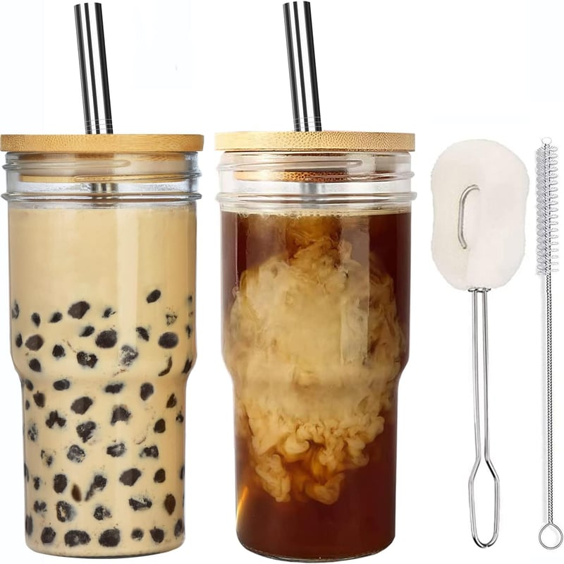 ALINK Bubble Tea Üvegpohár Szett 650ml - Újrahasználható Smoothie és Boba Pohár Fedéllel, Mosogatógépben Mosható, Utazáshoz