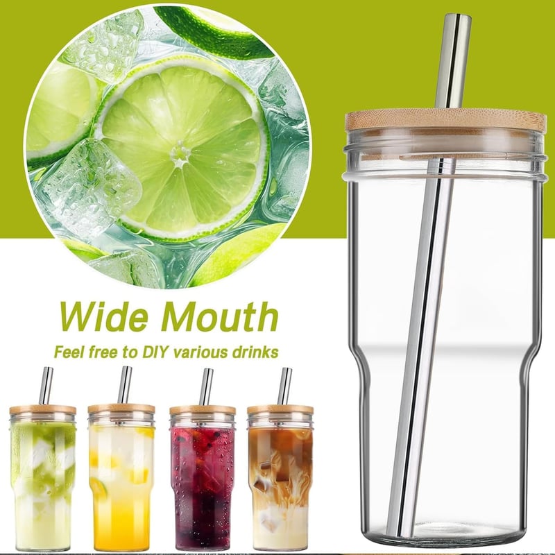 ALINK Bubble Tea Üvegpohár Szett 650ml - Újrahasználható Smoothie és Boba Pohár Fedéllel, Mosogatógépben Mosható, Utazáshoz