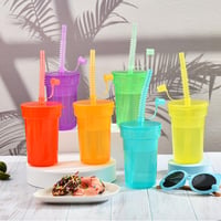 ALINK Neon Pohár Szett 6 db - Újrahasználható Hideg Italos Poharak Fedéllel és Szívószállal, Jeges Kávé, Smoothie, Gyümölcslé (380 ml) 5