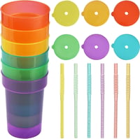 ALINK Neon Pohár Szett 6 db - Újrahasználható Hideg Italos Poharak Fedéllel és Szívószállal, Jeges Kávé, Smoothie, Gyümölcslé (380 ml) 4