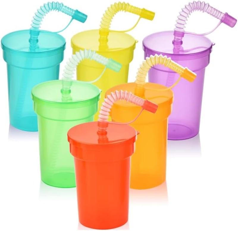 ALINK Neon Pohár Szett 6 db - Újrahasználható Hideg Italos Poharak Fedéllel és Szívószállal, Jeges Kávé, Smoothie, Gyümölcslé (380 ml)