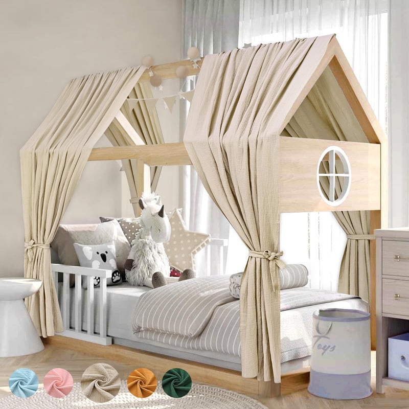Alishomtll set za dekoraciju stropa iznad kreveta – 2 komada baldahina od 100% pamučnog muslina, 1 girlanda od 300 cm, 135x320 cm, kaki, dječja soba za djevojčice i dječake