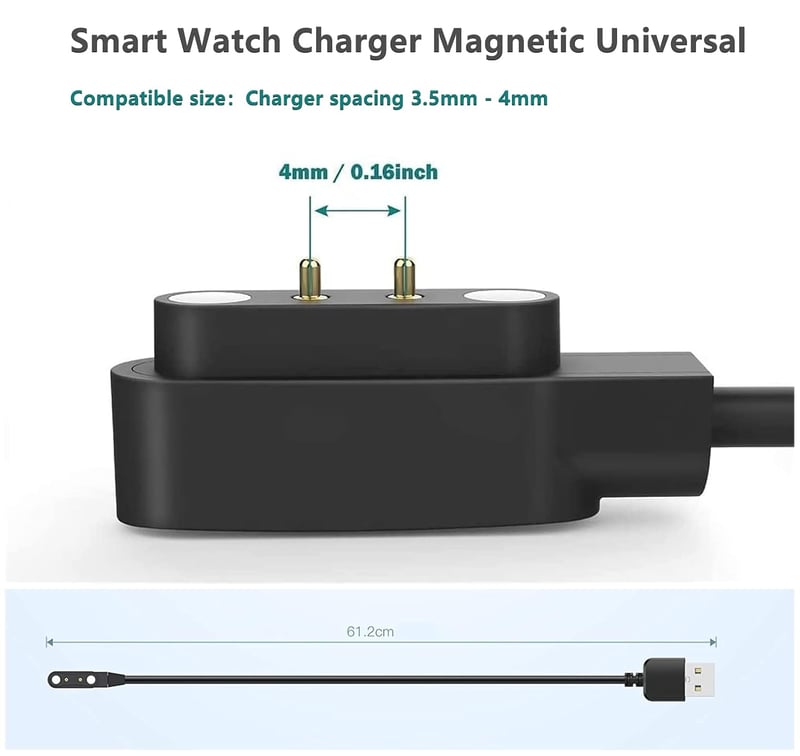 Aliwisdom Univerzális Mágneses Töltőkábel Okosórákhoz - 2 Tűs USB Töltő Fitness Trackerekhez, 4mm Tűtávolság, 5W, Fekete