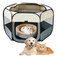 Țarc Pliabil pentru Câini ALKNOT 110x110x60 cm, Loc de Joacă Portabil pentru Câini, Pisici, Iepuri și Animale Mici, Bej-Gri 1