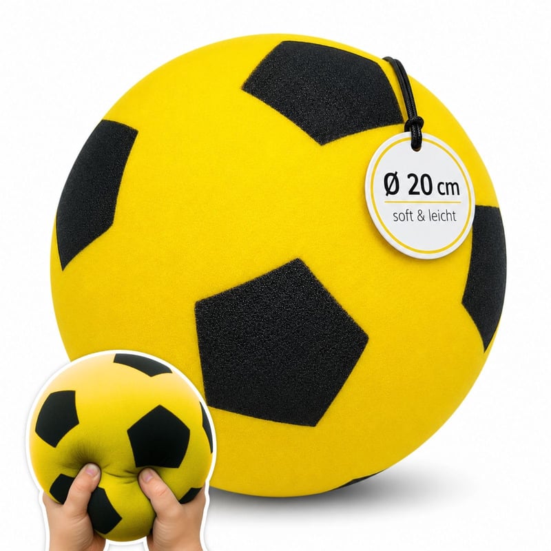 alldoro 63103 Penová lopta žltá, Ø 20 cm, 153 g, s motívom futbalovej lopty, extra mäkká, vhodná pre deti od 0 mesiacov, na vnútorné aj vonkajšie použitie