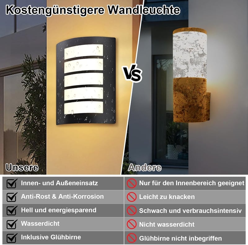 Allesgute E27 Kültéri Fali Lámpa IP44 Fekete Matt Négyzet Rozsdamentes Acél LED 12W