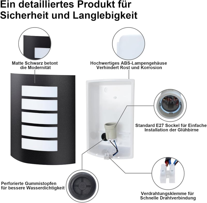 Allesgute E27 Kültéri Fali Lámpa IP44 Fekete Matt Négyzet Rozsdamentes Acél LED 12W