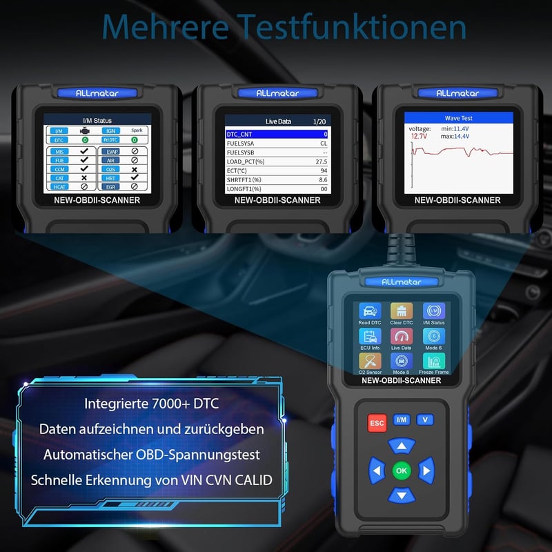 ALLmeter OBD2 autódiagnosztikai készülék hibakód olvasó 9 módú 1996 után kék
