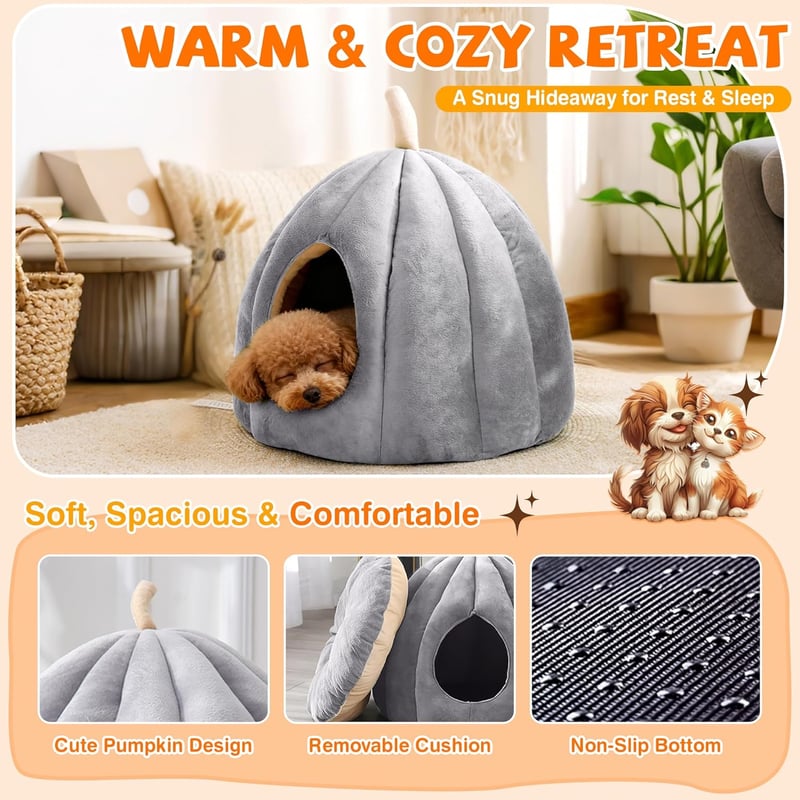 ALLSOPETS Macska Barlang Fekhely - Igloo Sátor Kutyáknak, Puha Bújó Fészek Kisállatoknak, Mosható Párnával, L Méret, Szürke