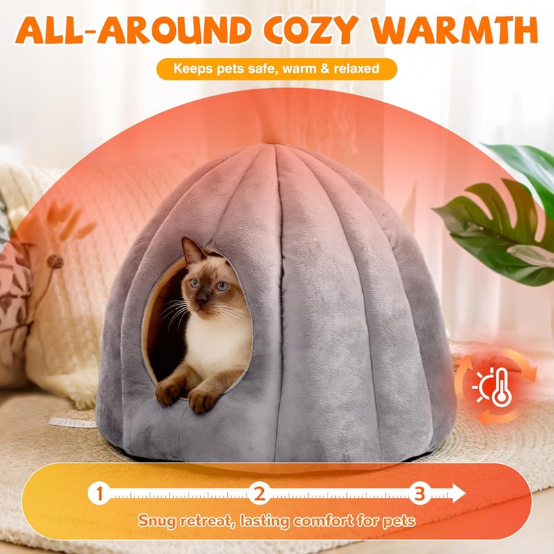 ALLSOPETS Macska Barlang Fekhely - Igloo Sátor Kutyáknak, Puha Bújó Fészek Kisállatoknak, Mosható Párnával, L Méret, Szürke