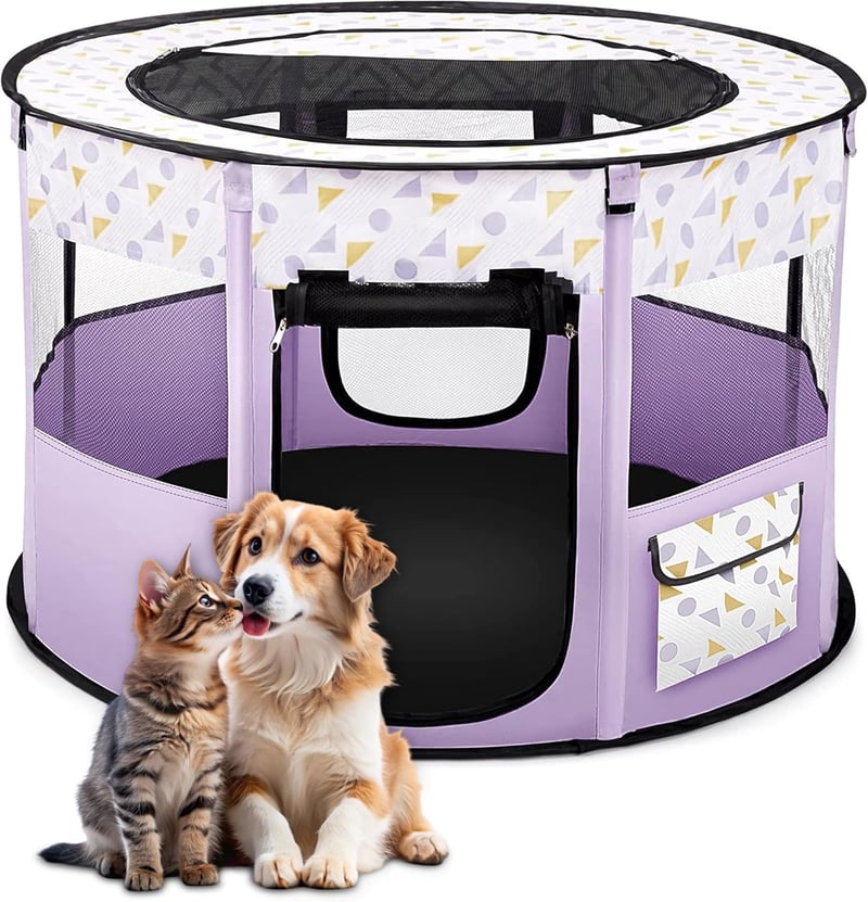ALLSOPETS Összecsukható Kutyakennel - Hordozható Kisállat Játszókarám Kutyáknak és Macskáknak, Bel- és Kültéri Használatra, Lila, XL (110x11