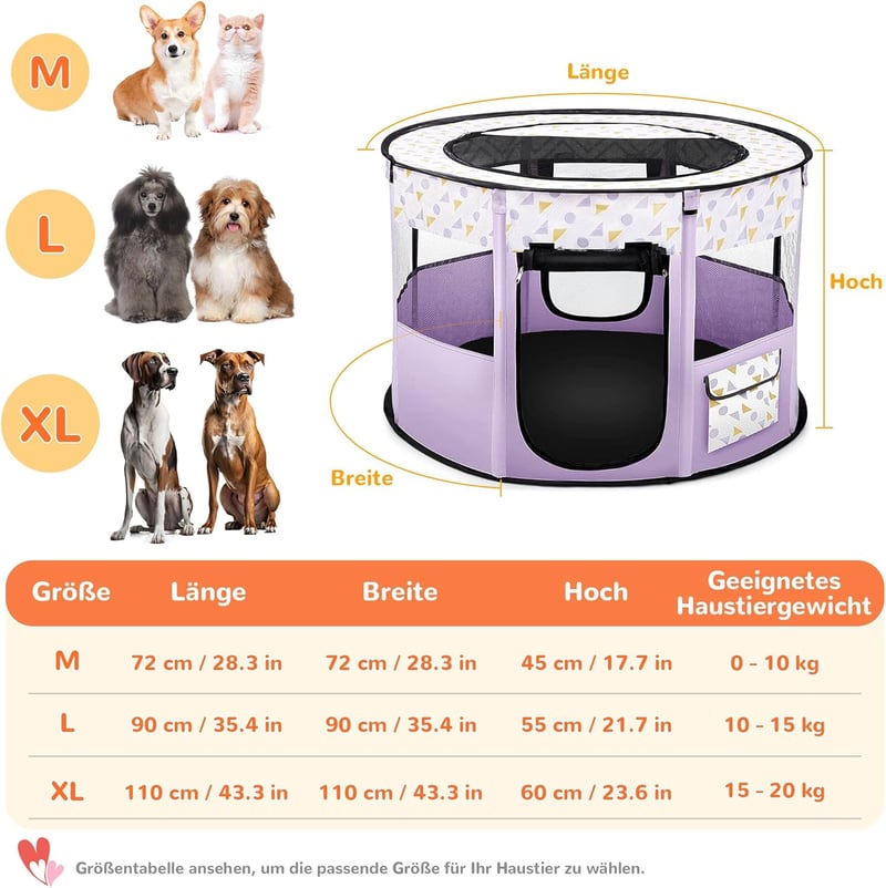 ALLSOPETS Összecsukható Kutyakennel - Hordozható Kisállat Játszókarám Kutyáknak és Macskáknak, Bel- és Kültéri Használatra, Lila, XL (110x11