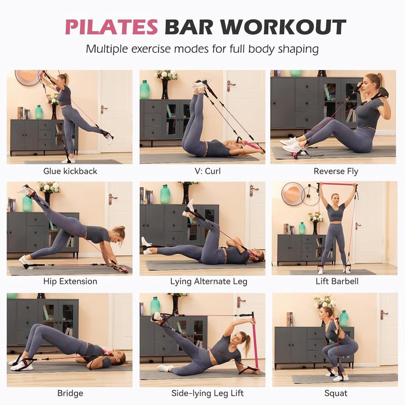 ALongSong Pilates Bar Kit 6 Ellenállásos Szalaggal Otthoni Edzéshez Állítható Magasság