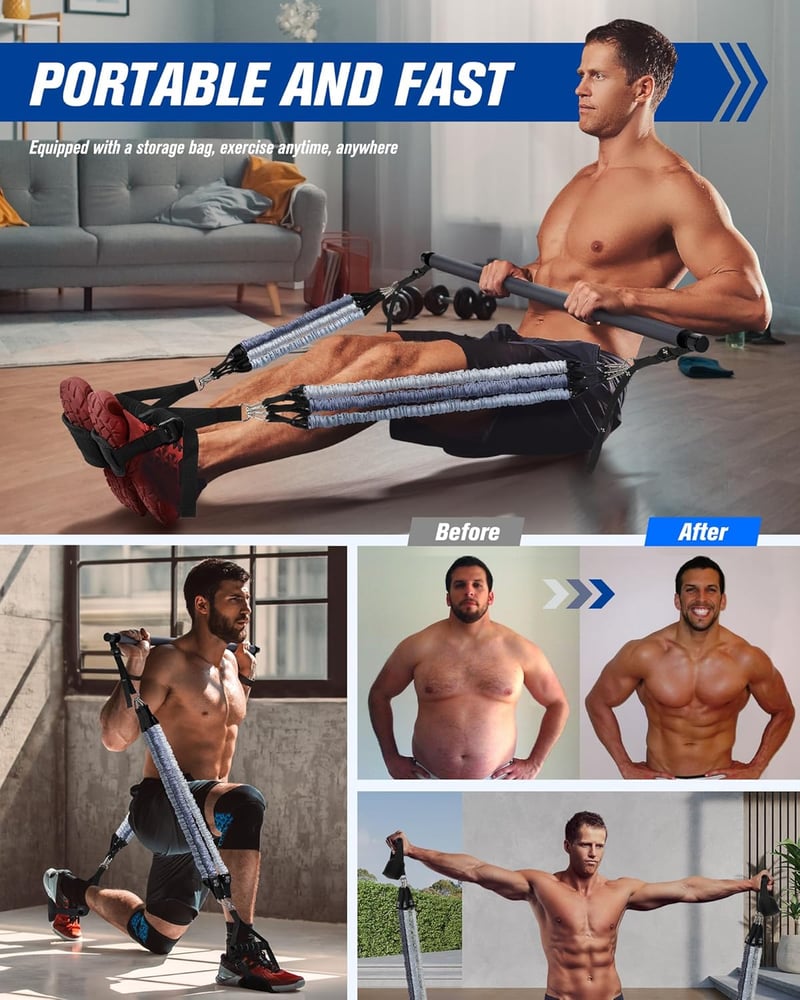 ALongSong Pilates rúd ellenállásgumikkal 2-360 lbs erőedzéshez otthonra