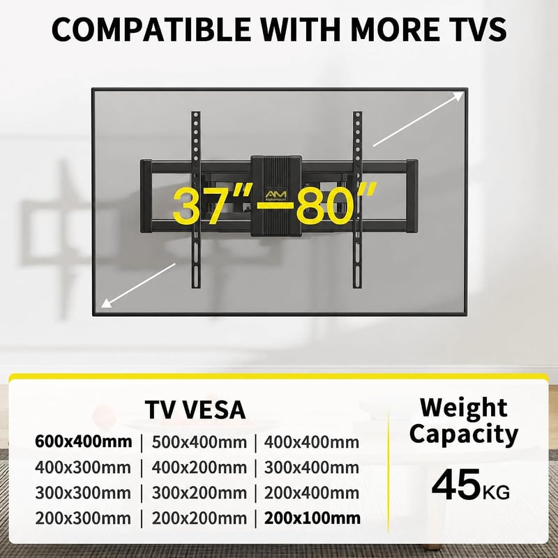 Alphamount forgó TV tartó 37-80 colos tévéhez, dönthető fali konzol 45 kg-ig