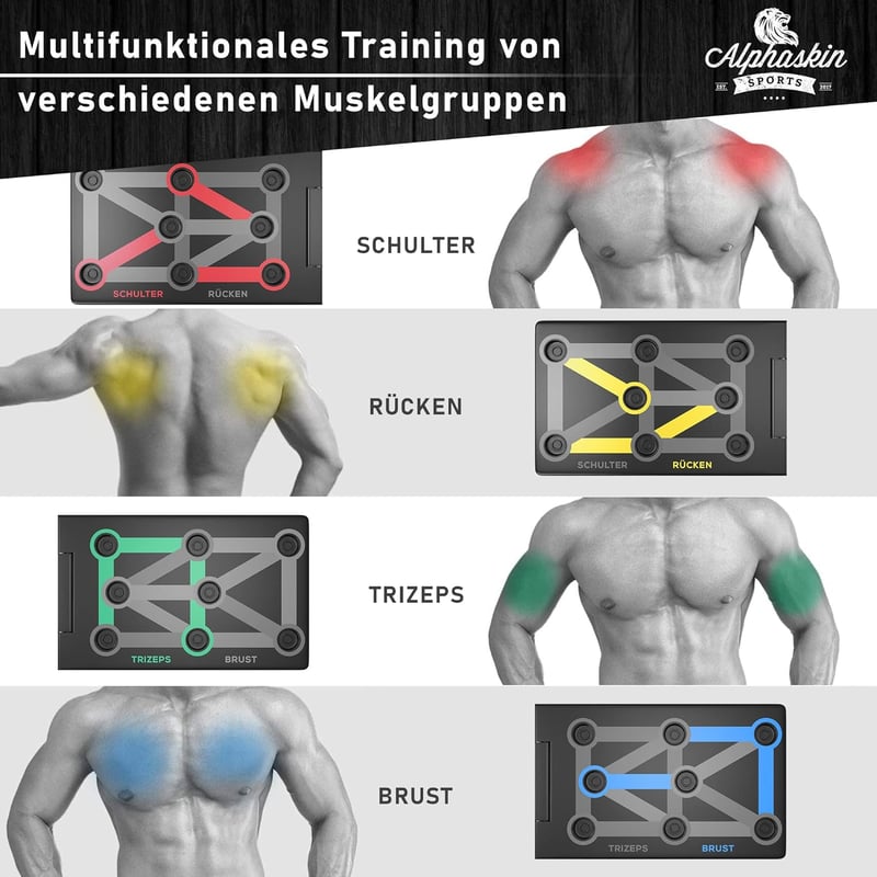 ALPHASKIN 9 az 1-ben Összecsukható Fekvőtámasz Tábla - Otthoni Edzés, Izomfejlesztés, Csúszásmentes Fogantyúkkal, ABS Műanyag, Többféle Edzé