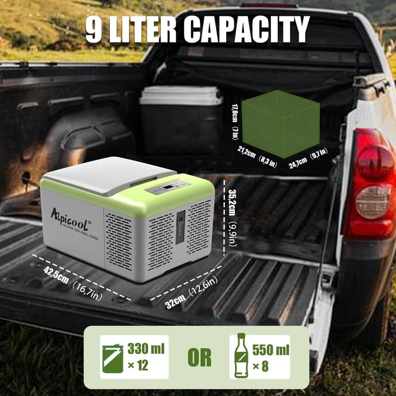 Alpicool C9PT 9L 12 V kompresszoros autós hűtőláda zöld szürke mini hűtő doboz campinghoz autó teherautó csónak lakóautó