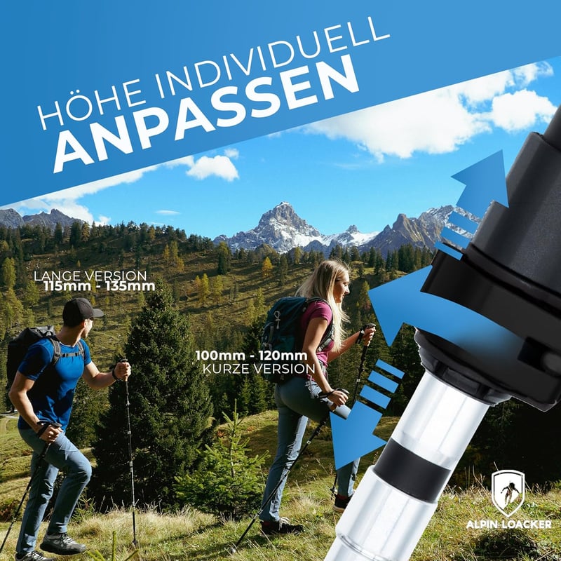 ALPIN LOACKER Összecsukható Trekkingbot Carbon Alumínium Korkgriffal Nordic Walking Damen Herren
