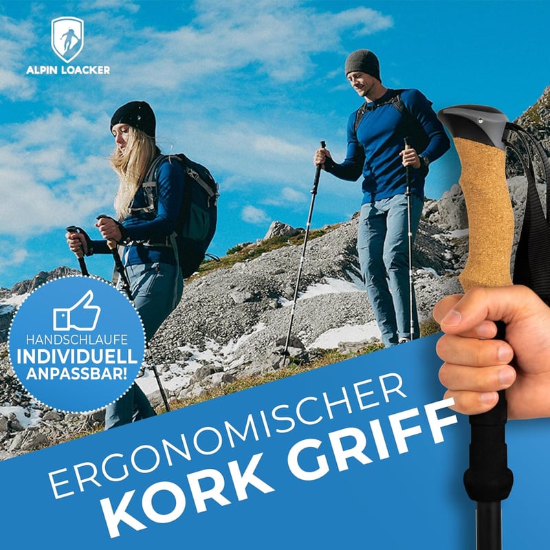 Alpin Loacker PRO Series Összecsukható Túrabot, Szénszálas Teleszkópos Túrabotok Parafa Markolattal, 115-135 cm, Kiegészítőkkel és Hordtáská