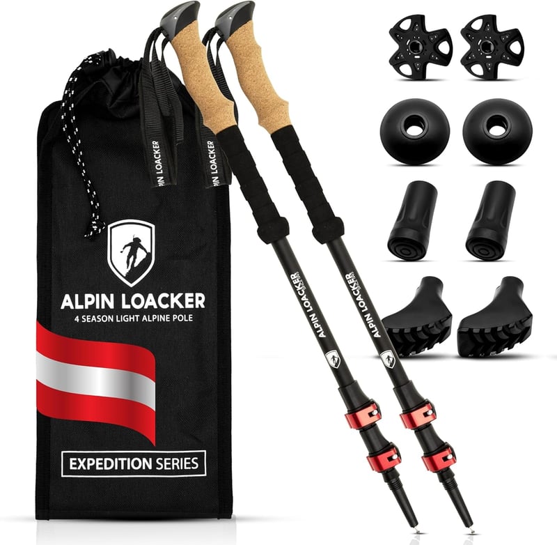 ALPIN LOACKER Teleszkópos Túrabot Alumínium Parafa Fogantyúval, Könnyű Nordic Walking Bot Férfiaknak és Nőknek, Síeléshez és Túrázáshoz - Aluminium - red clamping rings