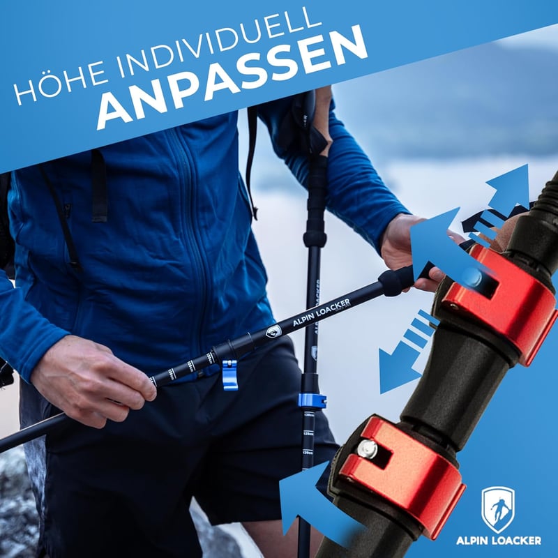 ALPIN LOACKER Teleszkópos Túrabot Alumínium Parafa Fogantyúval, Könnyű Nordic Walking Bot Férfiaknak és Nőknek, Síeléshez és Túrázáshoz - Aluminium - red clamping rings
