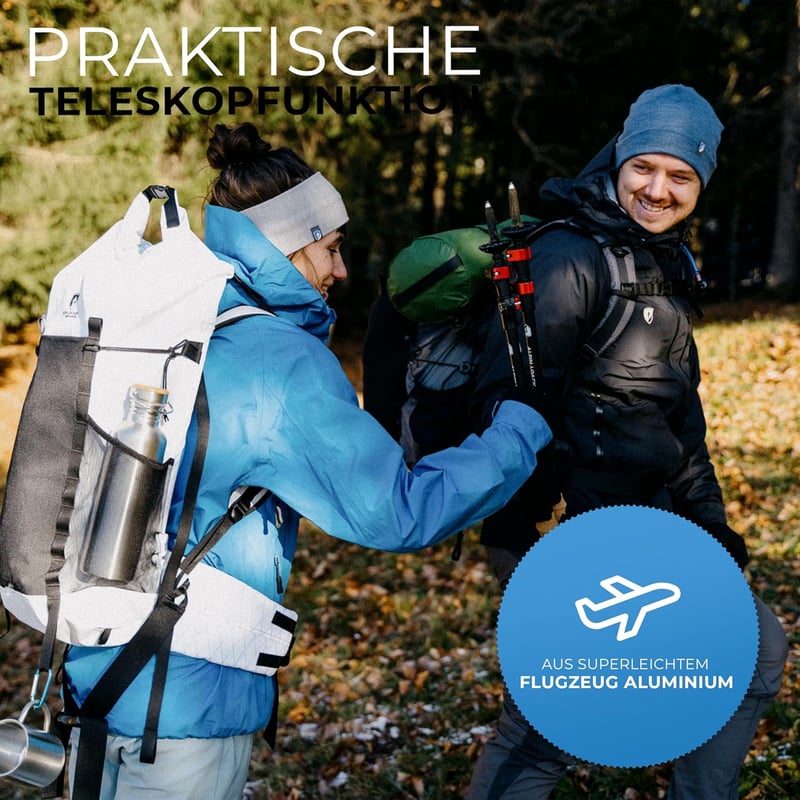 ALPIN LOACKER Teleszkópos Túrabot Alumínium Parafa Fogantyúval, Könnyű Nordic Walking Bot Férfiaknak és Nőknek, Síeléshez és Túrázáshoz - Aluminium - red clamping rings