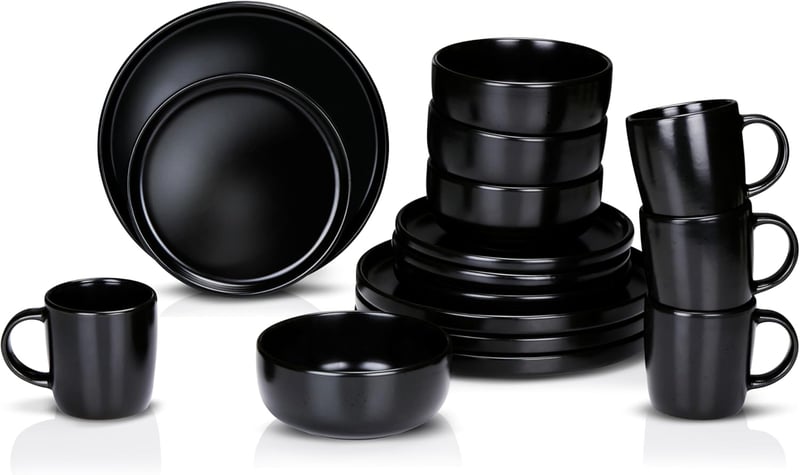 Alpina 16 részes kőedény étkészlet 4 személyre - tányér, tál, bögre szett - 16-piece, Black