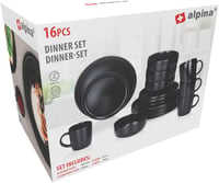 Alpina 16 részes kőedény étkészlet 4 személyre - tányér, tál, bögre szett - 16-piece, Black 2