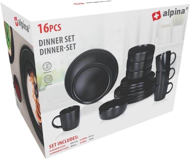 Alpina 16 részes kőedény étkészlet 4 személyre - tányér, tál, bögre szett - 16-piece, Black