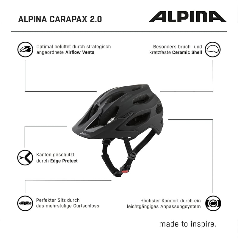 ALPINA Carapax 2.0 könnyű kerékpáros sisak felnőtteknek, légáramlás és antibakteriális párnázattal - 52-57cm, black matte