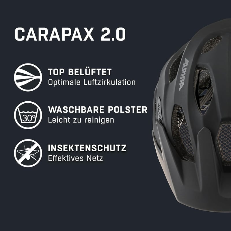 ALPINA Carapax 2.0 könnyű kerékpáros sisak felnőtteknek, légáramlás és antibakteriális párnázattal - 52-57cm, black matte