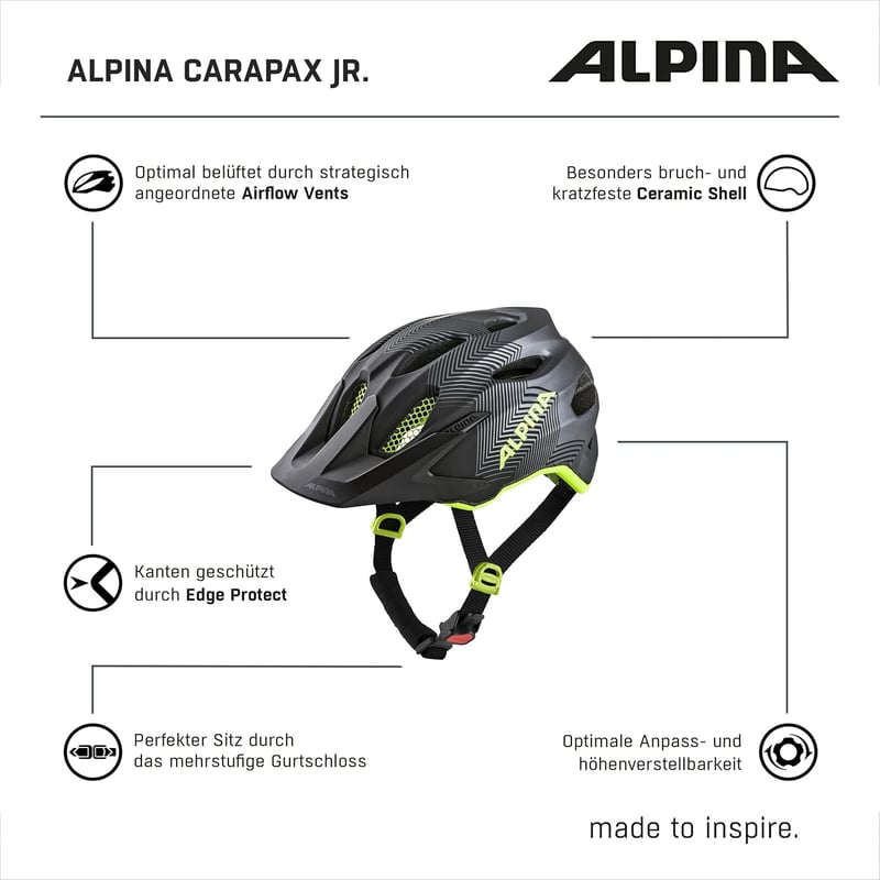 Alpina Carapax Junior gyermek kerékpáros sisak petrol matt - 51-56 cm, Black-Neon-Yellow